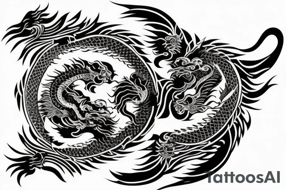 dragon and lion
 yin and yang
Dragon in the background, lion in front
two circles that merge
trippy
shoulder sleeve
japanese tattoo idea