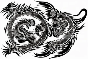 dragon and lion
 yin and yang
Dragon in the background, lion in front
two circles that merge
trippy
shoulder sleeve
japanese tattoo idea
