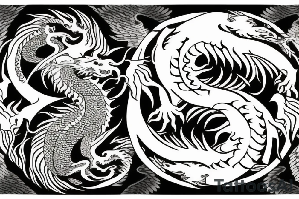 dragon and lion
 yin and yang
Dragon in the background, lion in front
two circles that merge
trippy
shoulder sleeve
japanese tattoo idea