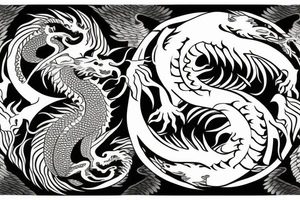 dragon and lion
 yin and yang
Dragon in the background, lion in front
two circles that merge
trippy
shoulder sleeve
japanese tattoo idea