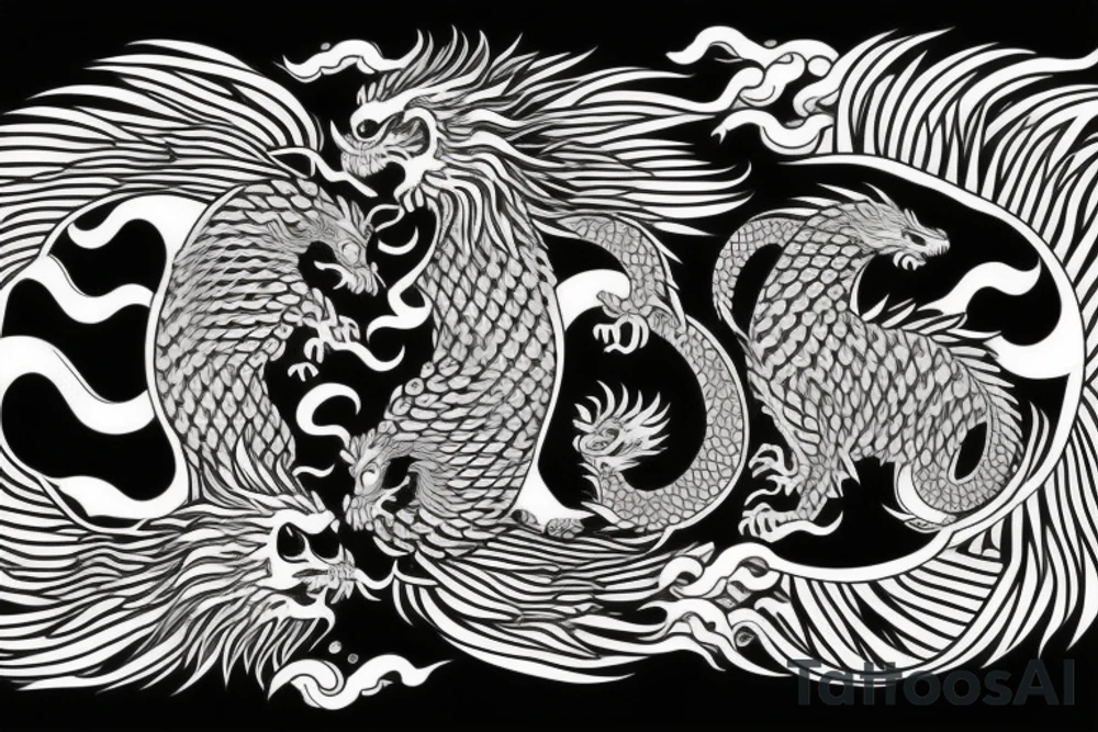 dragon and lion
 yin and yang
Dragon in the background, lion in front
two circles that merge
trippy
shoulder sleeve
japanese tattoo idea