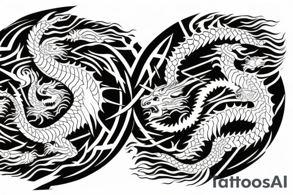 dragon and lion
 yin and yang
Dragon in the background, lion in front
two circles that merge
trippy
shoulder sleeve
japanese tattoo idea