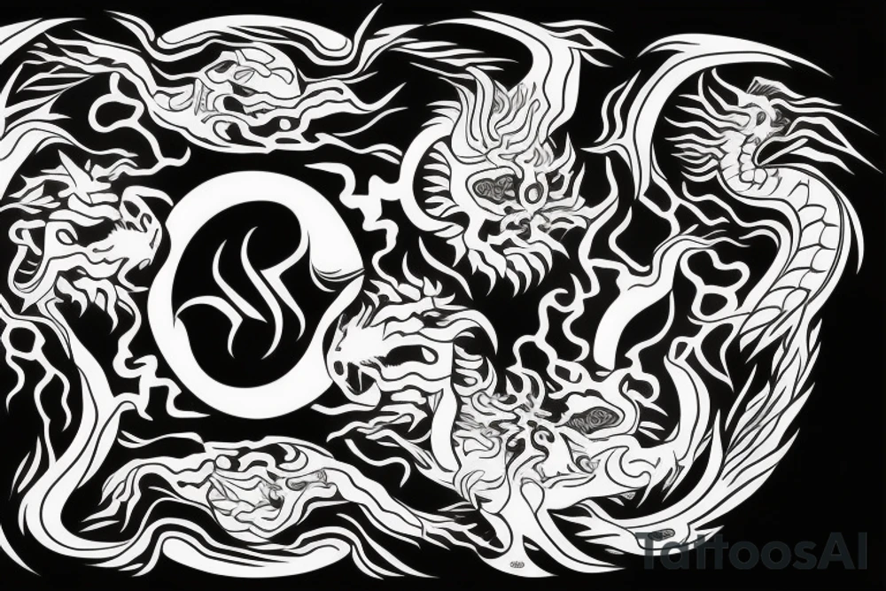 dragon and lion
 yin and yang
Dragon in the background, lion in front
two circles that merge
trippy
shoulder sleeve
pacific tattoo idea
