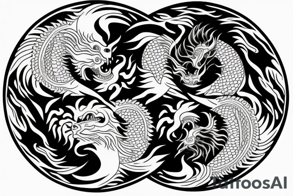 dragon and lion
 yin and yang
Dragon in the background, lion in front
two circles that merge
trippy
shoulder sleeve
pacific tattoo idea
