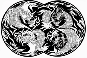 dragon and lion
 yin and yang
Dragon in the background, lion in front
two circles that merge
trippy
shoulder sleeve
pacific tattoo idea