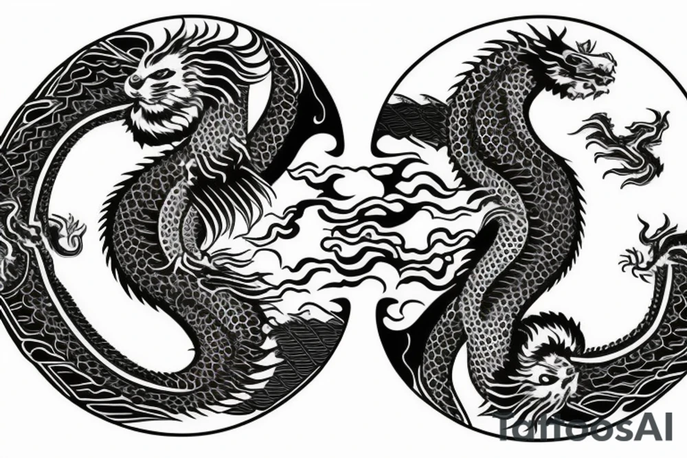 dragon and lion
 yin and yang
Dragon in the background, lion in front
two circles that merge
trippy
shoulder sleeve
pacific tattoo idea