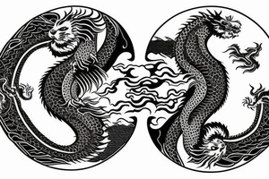 dragon and lion
 yin and yang
Dragon in the background, lion in front
two circles that merge
trippy
shoulder sleeve
pacific tattoo idea