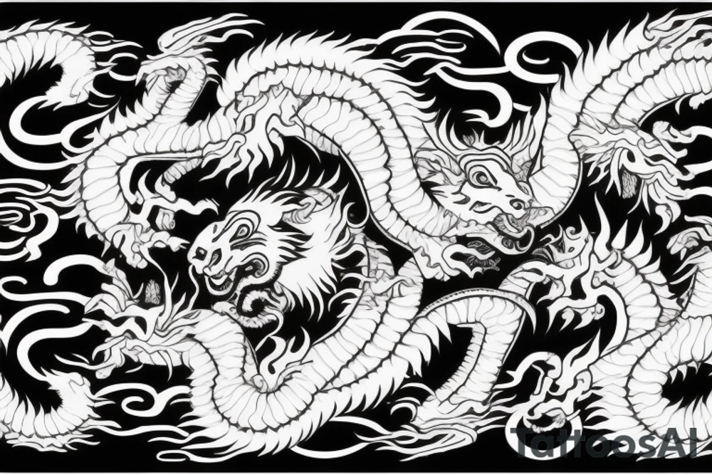 dragon and lion
 yin and yang
Dragon in the background, lion in front
two circles that merge
trippy
shoulder sleeve
pacific tattoo idea