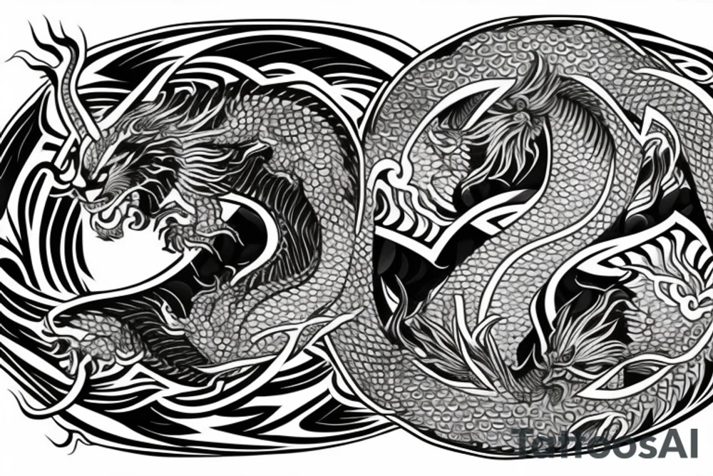 dragon and lion
 yin and yang
Dragon in the background, lion in front
two circles that merge
trippy
shoulder sleeve
Maori tattoo idea