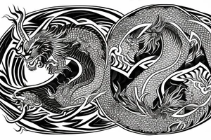 dragon and lion
 yin and yang
Dragon in the background, lion in front
two circles that merge
trippy
shoulder sleeve
Maori tattoo idea