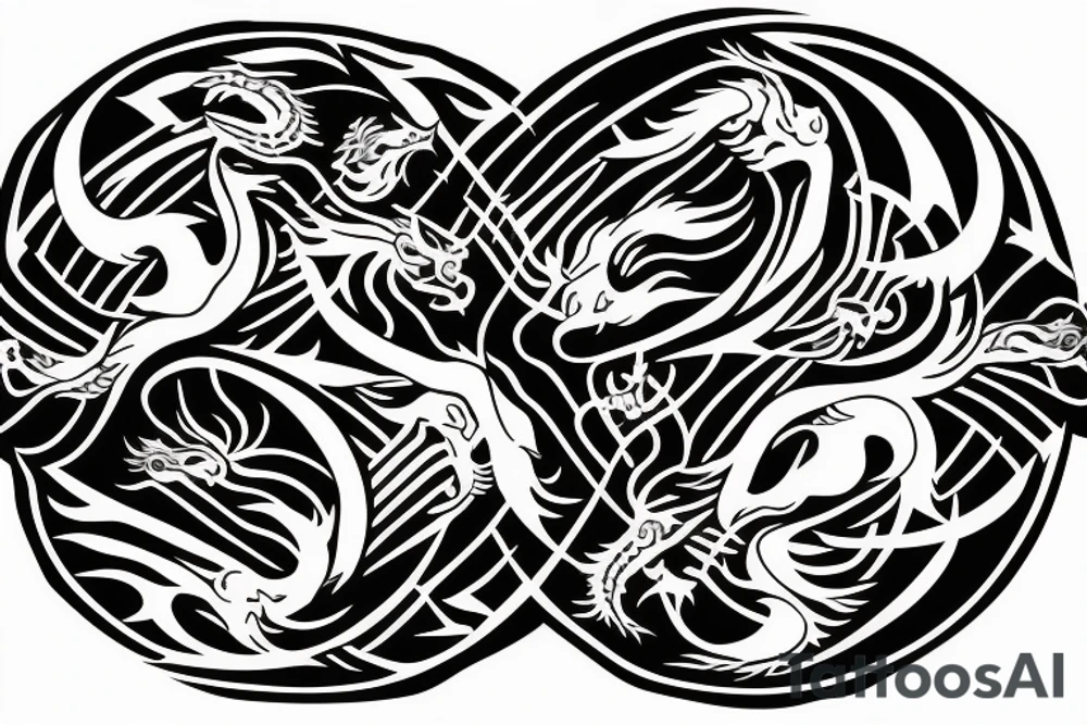 dragon and lion
 yin and yang
Dragon in the background, lion in front
two circles that merge
trippy
shoulder sleeve
Maori tattoo idea