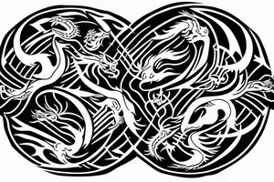 dragon and lion
 yin and yang
Dragon in the background, lion in front
two circles that merge
trippy
shoulder sleeve
Maori tattoo idea
