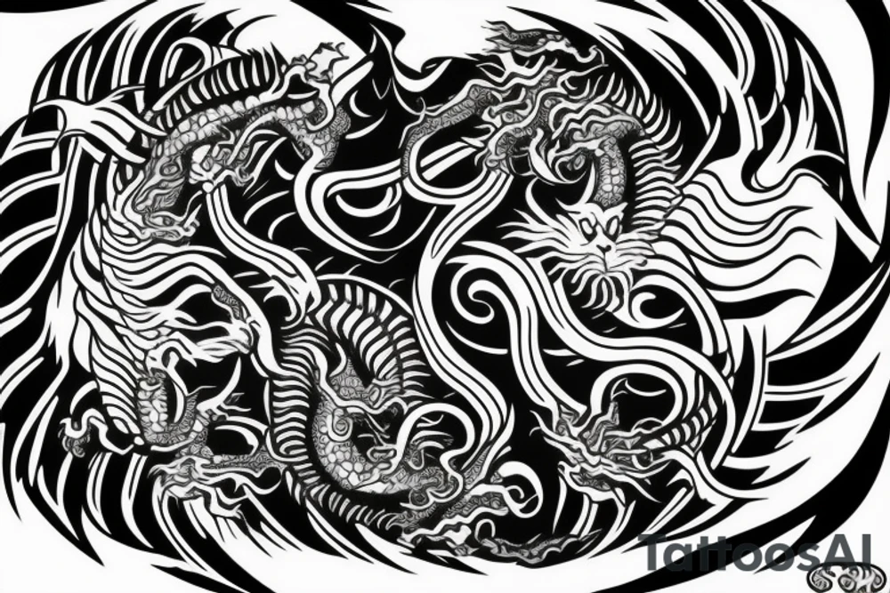dragon and lion
 yin and yang
Dragon in the background, lion in front
two circles that merge
trippy
shoulder sleeve
Maori tattoo idea