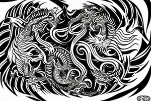 dragon and lion
 yin and yang
Dragon in the background, lion in front
two circles that merge
trippy
shoulder sleeve
Maori tattoo idea