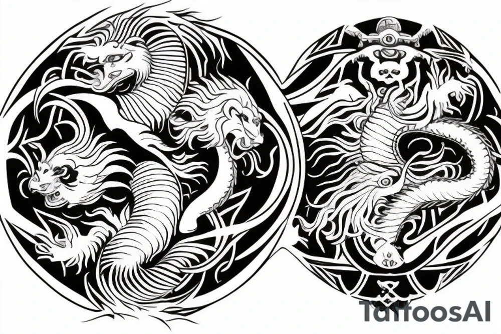 dragon and lion
 yin and yang
Dragon in the background, lion in front
two circles that merge
trippy
shoulder sleeve
Maori tattoo idea