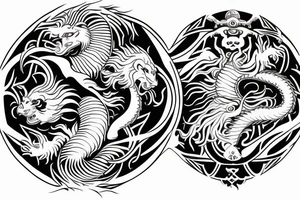 dragon and lion
 yin and yang
Dragon in the background, lion in front
two circles that merge
trippy
shoulder sleeve
Maori tattoo idea