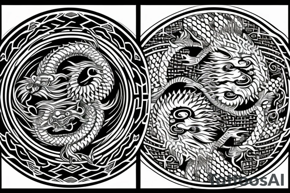 dragon and lion
 yin and yang
Dragon in the background, lion in front
two circles that merge
trippy
shoulder sleeve
Maori tattoo idea