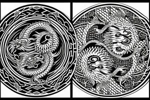 dragon and lion
 yin and yang
Dragon in the background, lion in front
two circles that merge
trippy
shoulder sleeve
Maori tattoo idea