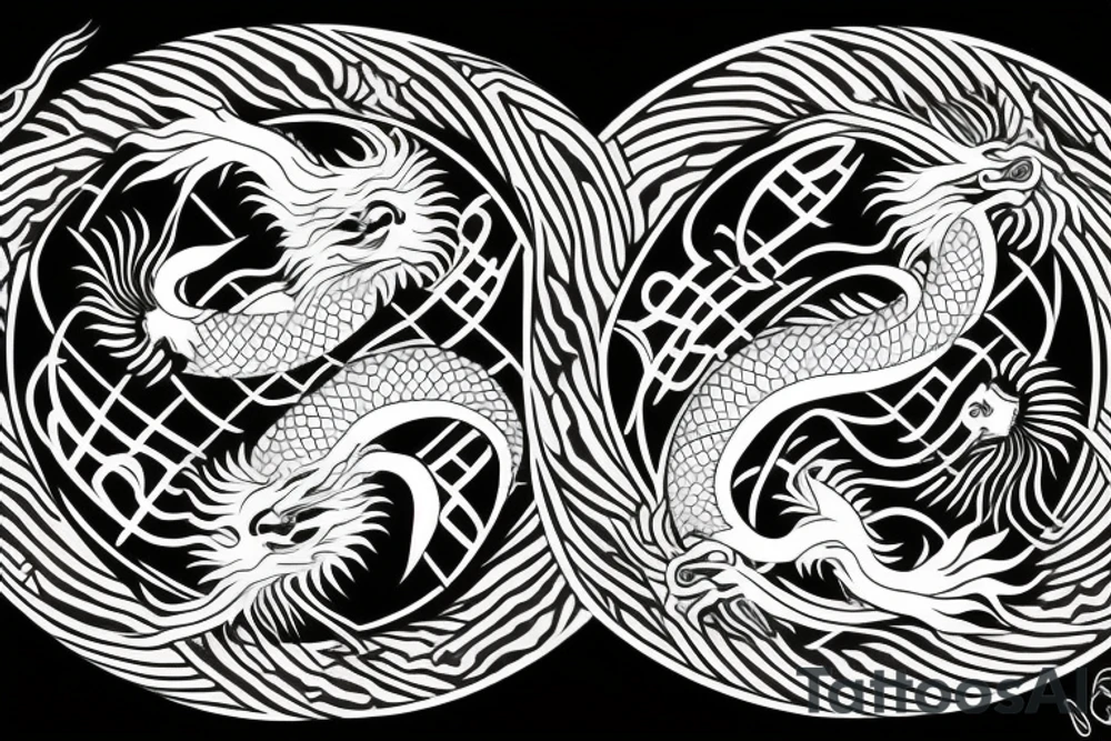 dragon and lion
 yin and yang
Dragon in the background, lion in front
two circles that merge
trippy
shoulder sleeve
Maori tattoo idea