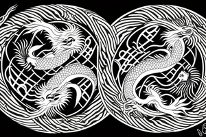 dragon and lion
 yin and yang
Dragon in the background, lion in front
two circles that merge
trippy
shoulder sleeve
Maori tattoo idea