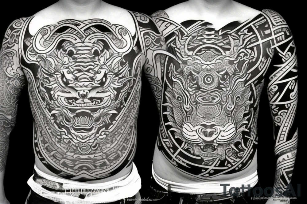 dragon and lion
yin and yang
two crossing paths
trippy
shoulder sleeve
Maori tattoo idea
