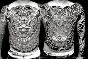 dragon and lion
 yin and yang
two crossing paths
trippy
shoulder sleeve
Maori tattoo idea