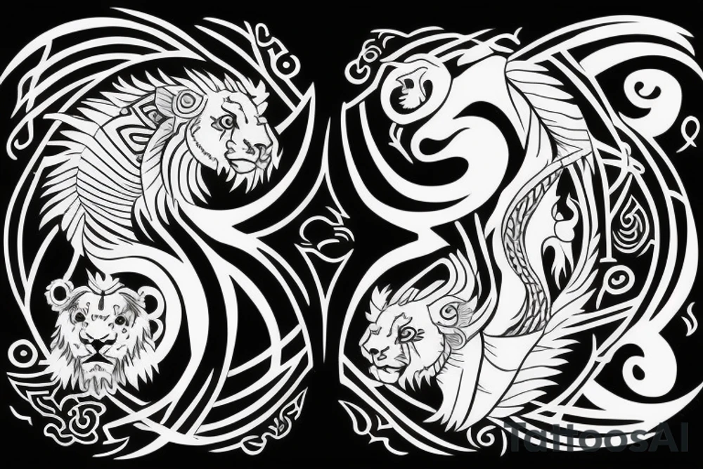 dragon and lion
 yin and yang
two crossing paths
trippy
shoulder sleeve
Maori tattoo idea