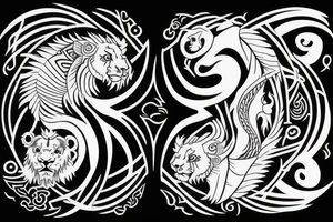dragon and lion
 yin and yang
two crossing paths
trippy
shoulder sleeve
Maori tattoo idea