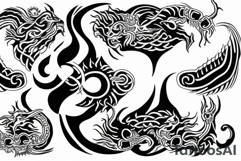 dragon and lion
yin and yang
two crossing paths
trippy
shoulder sleeve
Maori tattoo idea