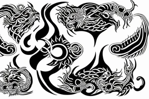 dragon and lion
 yin and yang
two crossing paths
trippy
shoulder sleeve
Maori tattoo idea