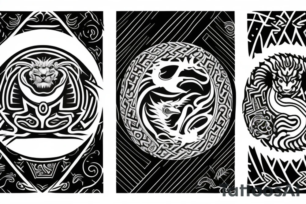 dragon and lion
yin and yang
two crossing paths
trippy
shoulder sleeve
Maori tattoo idea