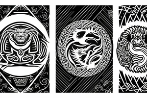 dragon and lion
 yin and yang
two crossing paths
trippy
shoulder sleeve
Maori tattoo idea
