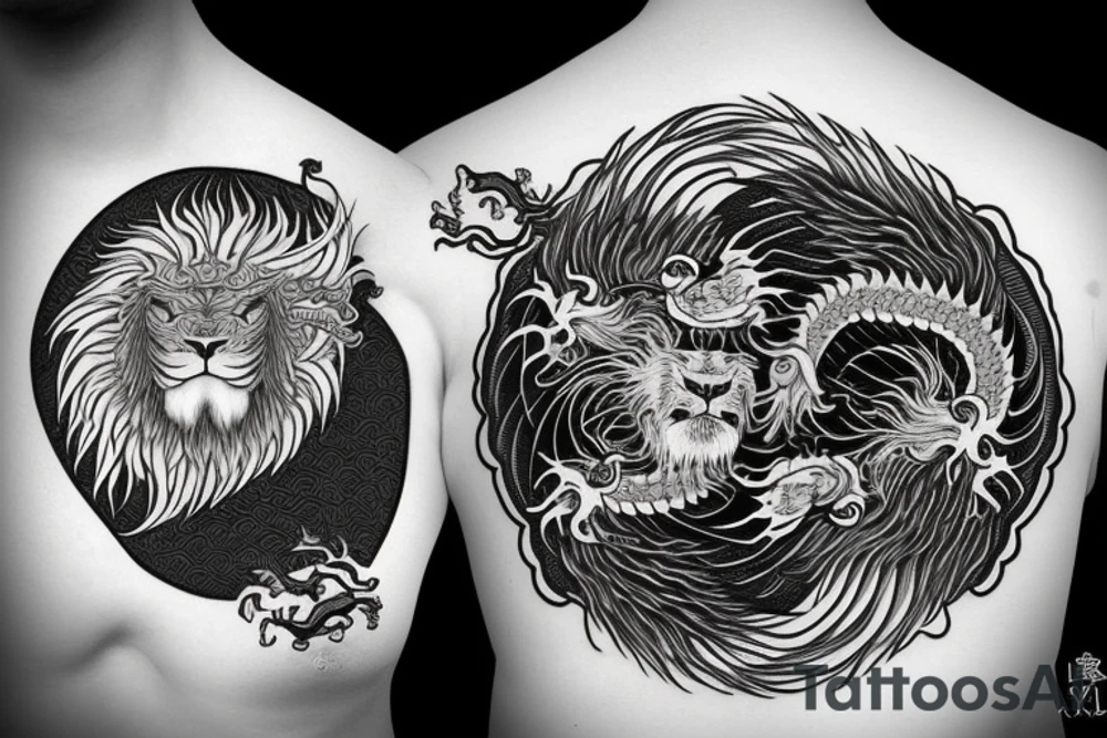 dragon and lion
yin and yang
two crossing paths
trippy
shoulder sleeve tattoo idea