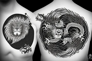 dragon and lion
 yin and yang
two crossing paths
trippy
shoulder sleeve tattoo idea