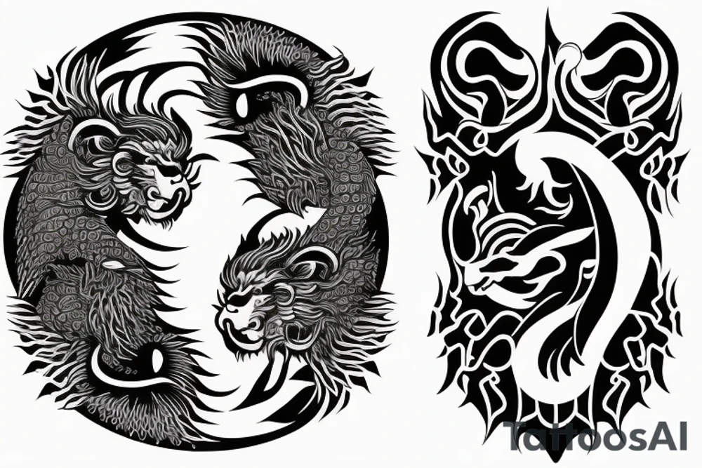 dragon and lion
yin and yang
two crossing paths
trippy
shoulder sleeve tattoo idea