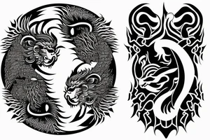 dragon and lion
 yin and yang
two crossing paths
trippy
shoulder sleeve tattoo idea