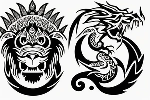 lions head ontop of dragons head ontop of a mountain tattoo idea
