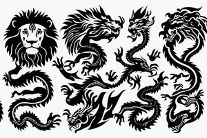 lions head ontop of dragons head ontop of a mountain tattoo idea