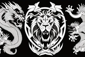 lions head ontop of dragons head ontop of a mountain tattoo idea