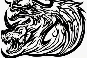 lions head ontop of dragons head ontop of a mountain tattoo idea