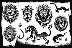 dragons head ontop lions head ontop of of a mountain tattoo idea