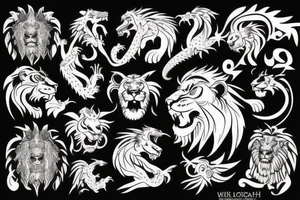 dragons head ontop lions head ontop of of a mountain tattoo idea