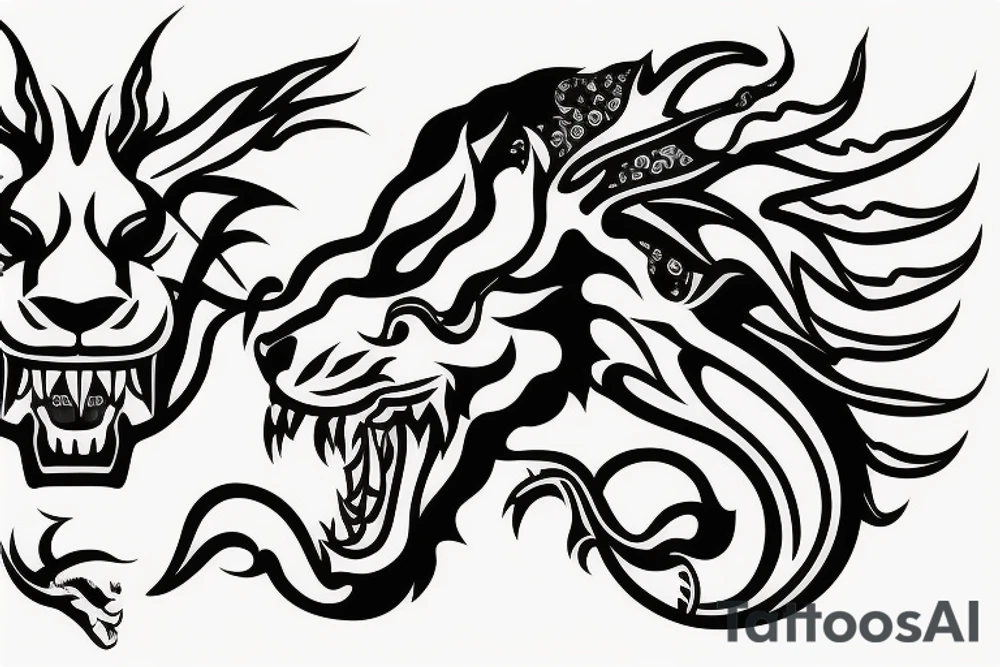 lions head with dragons head piece tattoo idea