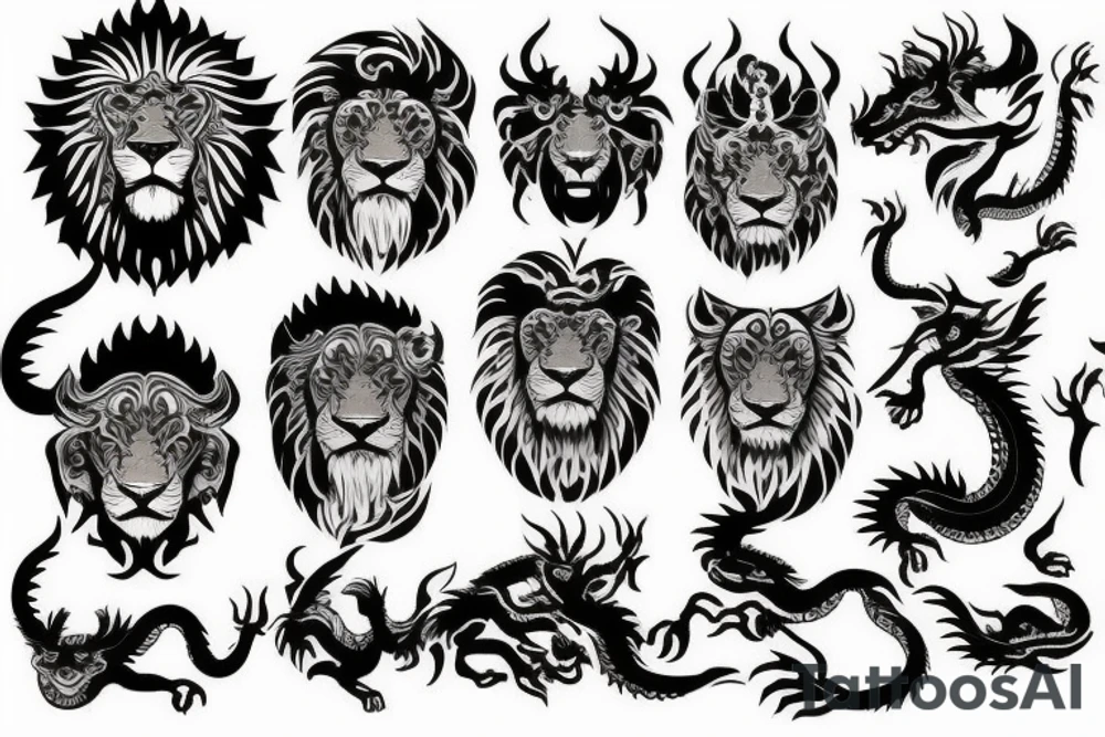 lions head with dragons head piece tattoo idea