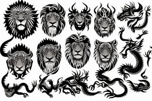 lions head with dragons head piece tattoo idea