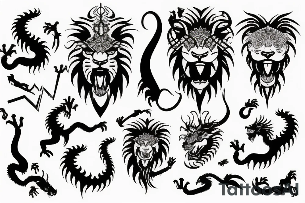 lions head with dragons head piece tattoo idea
