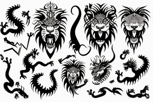 lions head with dragons head piece tattoo idea