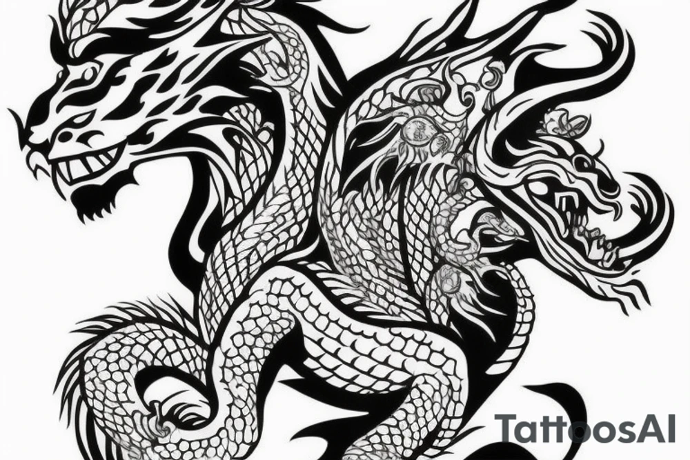 lions head with dragons head piece
like https://www.pinterest.com/pin/3448137206878641/ tattoo idea