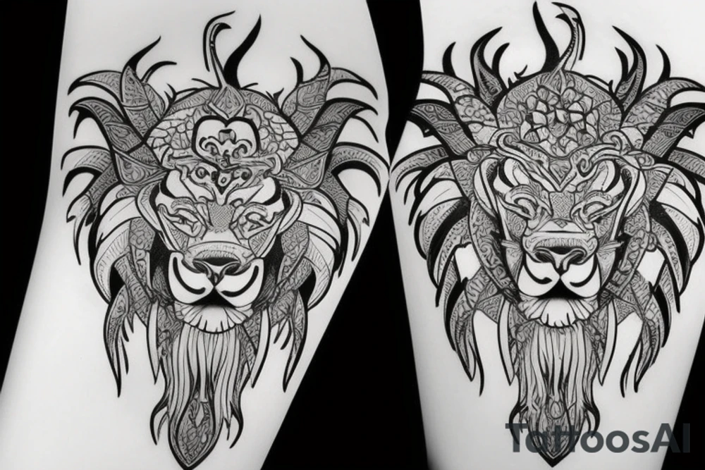 lions head wearing dragons head piece
like https://www.pinterest.com/pin/586945763960465815/ tattoo idea