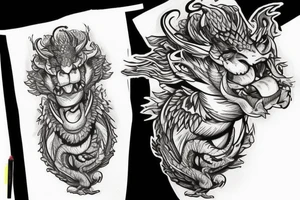 lions head ontop of a dragons head on top of a tower

like https://www.pinterest.com/pin/586945763960465815/ tattoo idea